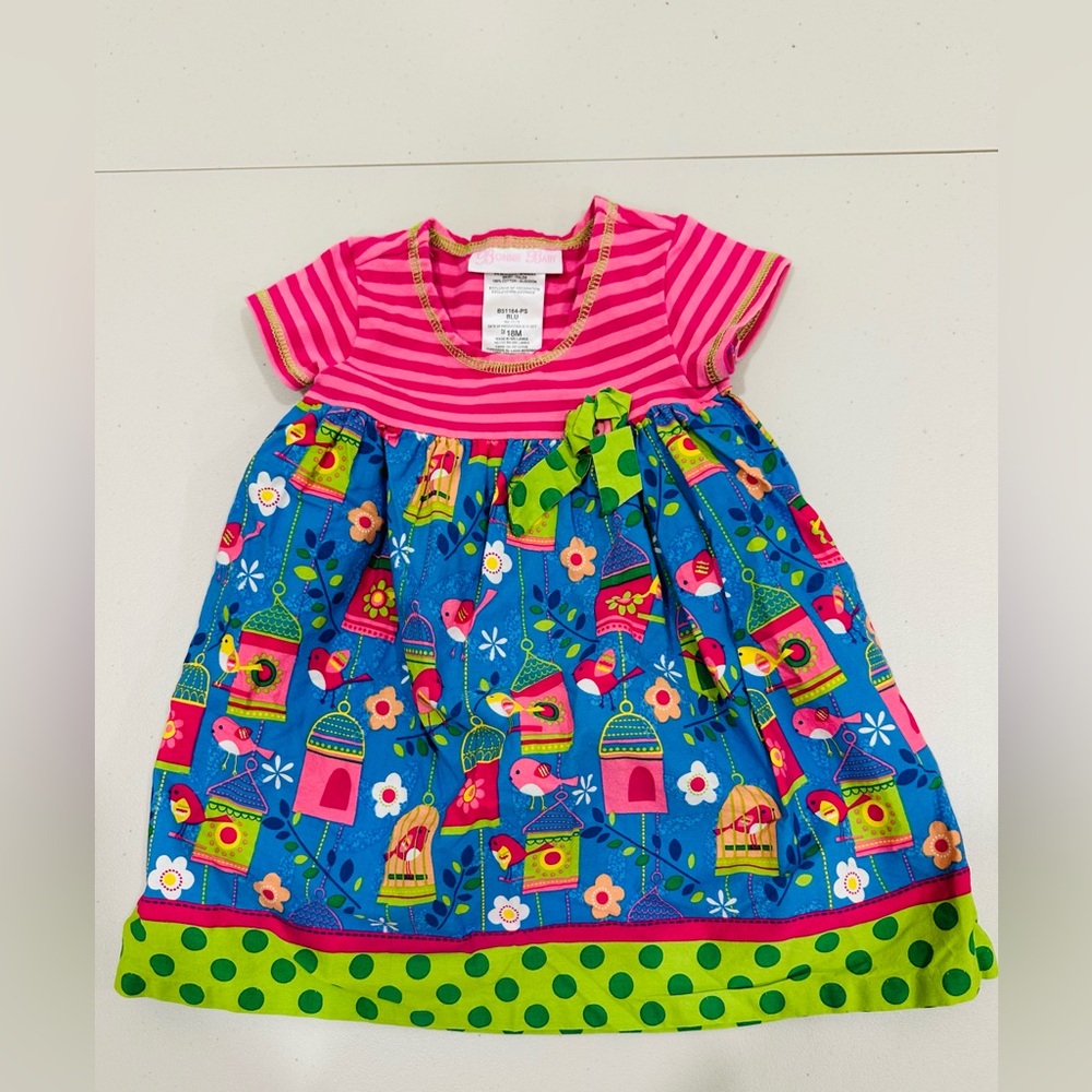 Bonnie Baby 18 Months Dress Spring Birds And Flowers Pink/Blue‎